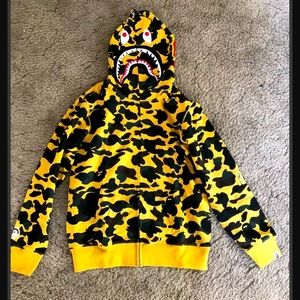 A Bathing Ape yellow camo zip-up hoodie. Size Large.